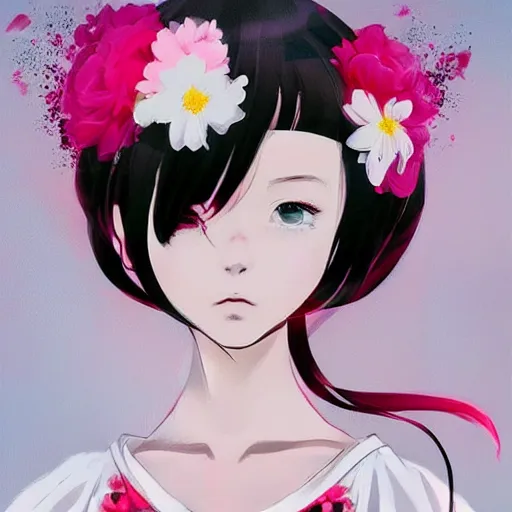 Image similar to little girl with flowers in hair wearing an white dress. black, red, white and pink color palette. art by ilya kuvshinov, profile picture, inspired in hirohiko araki, realistic, highly detailed, 8 0 s anime art style