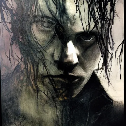 Image similar to stunning portrait of gaunt river phoenix a ( the cure fan ) as dream from sandman, dim stars as eyes, by jeremy mann, by cedric peyravernay, by by russ mills, by richard avedon and ben templesmith, dramatic lightning, sadness, dark eye sockets, in the shadows, punk rock, gothic, high detailed, 8 k