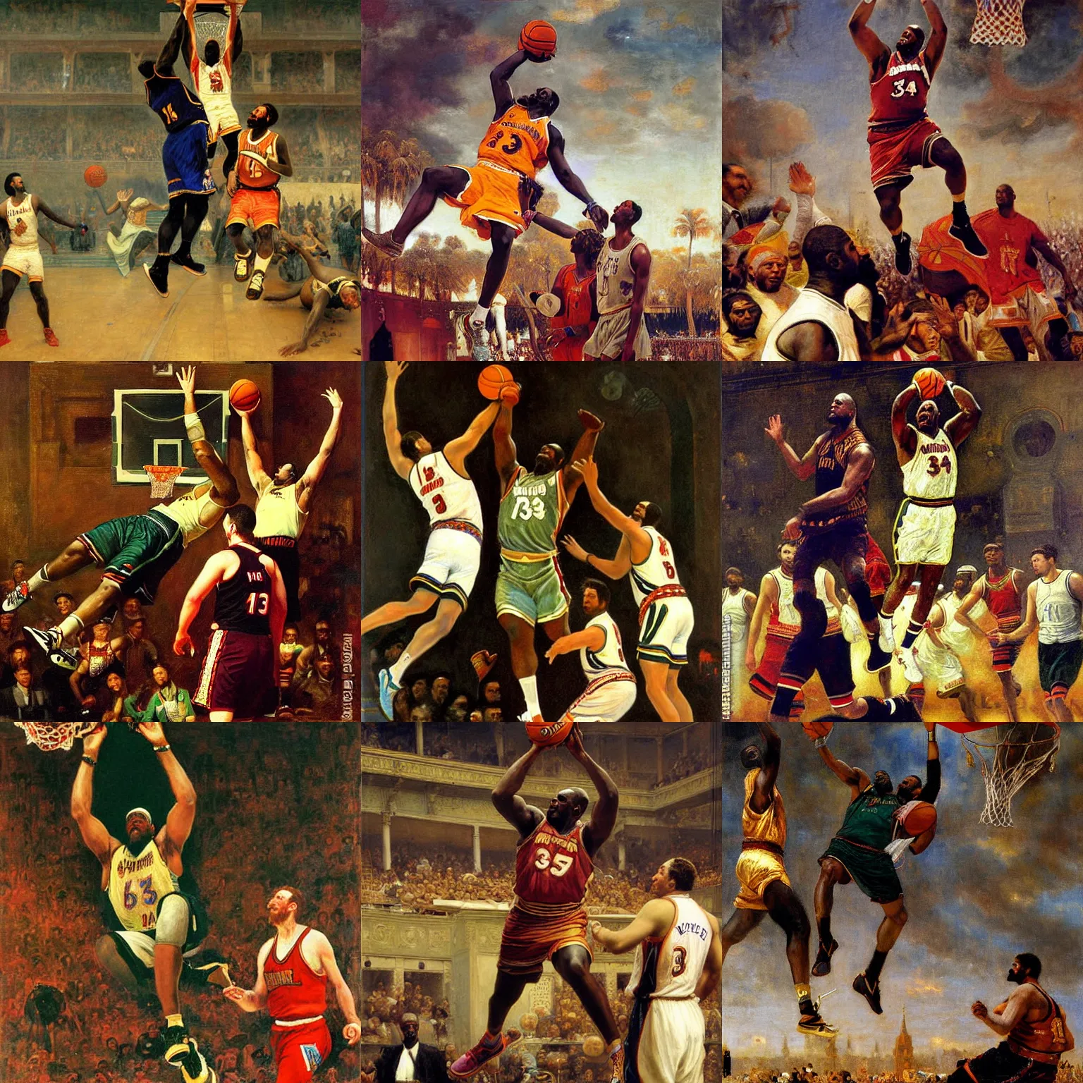 Prompt: detailed painting of shaquille o'neal dunking by rudolf ernst and john frederick lewis and jean - leon gerome and rudolf weisse and david roberts and charles theodore frere and alfred dehodencq, orientalism
