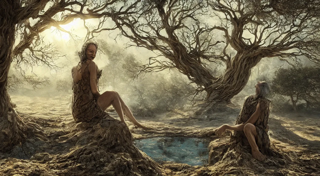 Image similar to Tree-like giant 65-year-old giant Gaia Goddess shedding one emotionless tear as she sits on a dried up river in a desolate land, blue sky, hot and sunny, highly-detailed, elegant, dramatic lighting, artstation, 4k, cinematic landscape
