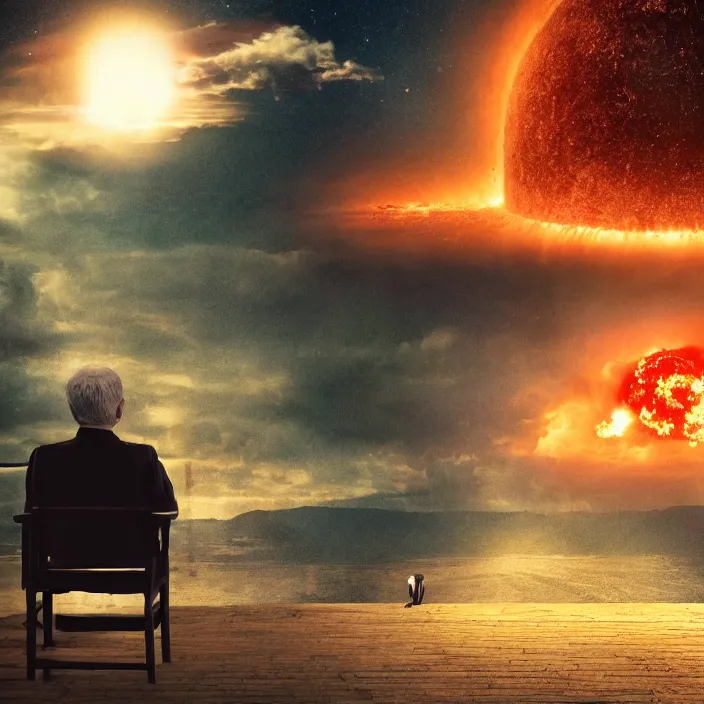 Image similar to cinematic movie, background blur bokeh, old man sitting in chair with black cat watching nuke explosion, world ending nuke, 4 k