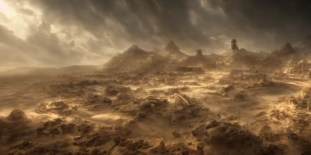 Image similar to kingdom made of sand, superwide angle, light through the mist, dramatic lighting, photorealistic, cinematic lighting, high detail, cinematic feel, high octane, 4 k, unreal engine, digital render, intricate, ultra realistic, concept art