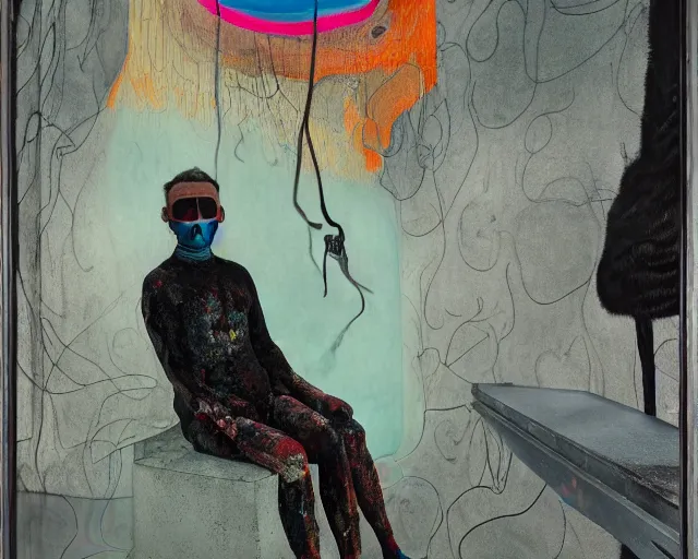 Image similar to portrait of a transforming masked actor sitting on a stalagmite looking into a tablet smoking vape by james jean and luc tuymans and beeple and hernan bas and pat steir and hilma af klint, psychological, 3 d, dripping paint, high quality render, masterpiece