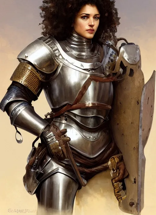 Image similar to medium-length portrait of a female knight with short curly hair and brown eyes, dark brown skin, happy expression, wears a combination of plate armor and boiled leather, medieval setting, highly detailed, digital painting, artstation, concept art, sharp focus, illustration, art by greg rutkowski and alphonse mucha