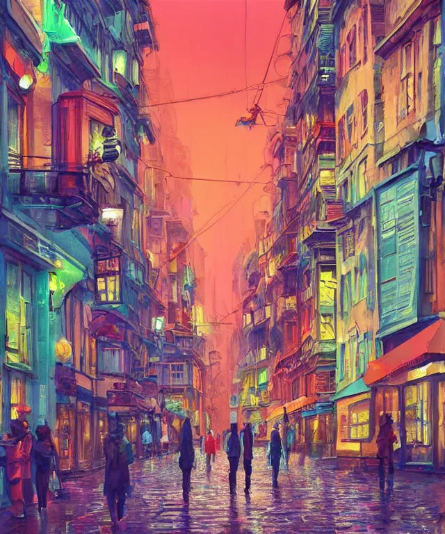 Prompt: insane perspective of colorful street sidevue from brussel with big red robot waiting, realistic shaded , humid ground, artstation, painting by moebius, disney fantasy style, people and creatures walking , volumetric light, neon lights, science fiction elements, lampposts, rainy mood