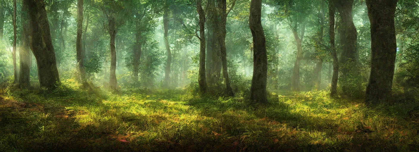 Image similar to a clearing in a forest, digital art, highly detailed, realistic, bright colors, 8 k