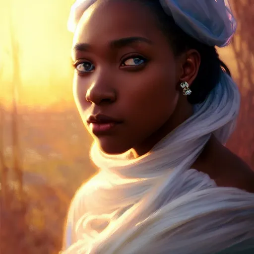 Image similar to a Photorealistic dramatic hyperrealistic bright blue eyes, African American elegant girl, black hair, white veil,by WLOP,Artgerm,Greg Rutkowski,Alphonse Mucha, Dang My Linh, Beautiful dynamic dramatic bright sunset lighting,shadows,cinematic atmosphere,Artstation,concept design art,Octane render,8k, garden