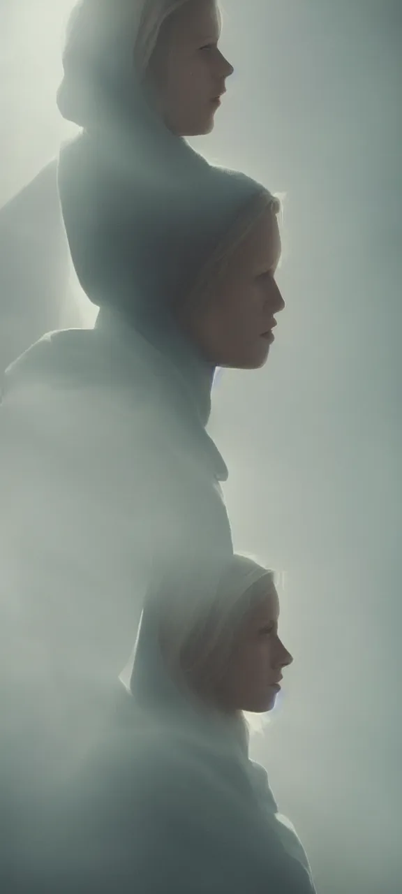 Image similar to very very beautiful mysterious profile photograph of emily skinner looking like annie leonhart in a hoodie standing next to a window god rays shining on her from the sunlight, volumetric fog, smoke, depth of field, beautiful composition, very very very beautifull face, on artstation and instagram, ray tracing