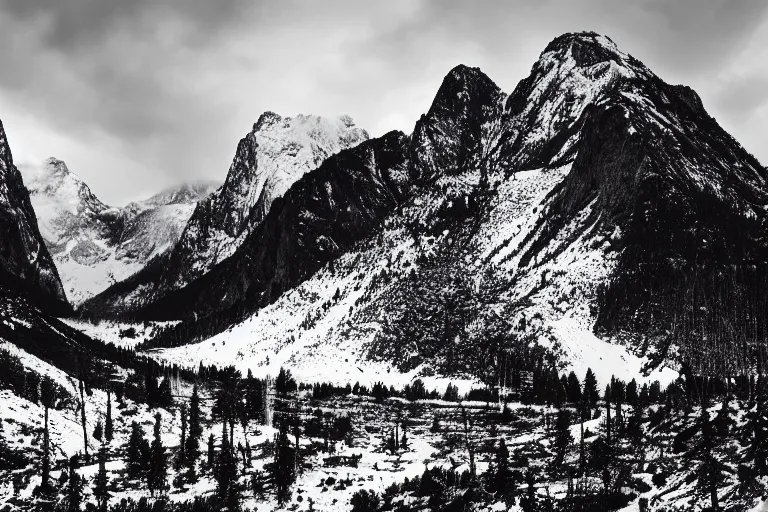 Prompt: tyrannosaurus inside a valley, snowy peaks, in the style of ansel adams, black and white, old, master photography