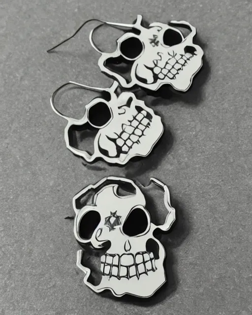 Image similar to spooky cartoon skull, 2 d lasercut earrings, in the style of heavy metal fakk 2