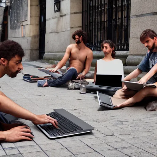 Image similar to a group of realistic bums using laptops near on street, highly detailed, intricate, sharp focus, digital art, 8 k