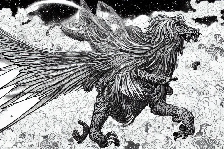 Image similar to angelic majestic winged lioness flying in outer space, stars dotted in background, black and white ink on paper, thick thick thick outlines, 8k high quality detailed manga art, trending on art station and cgsociety, super wide angle, octane, by Eiichiro Oda and Hokusai