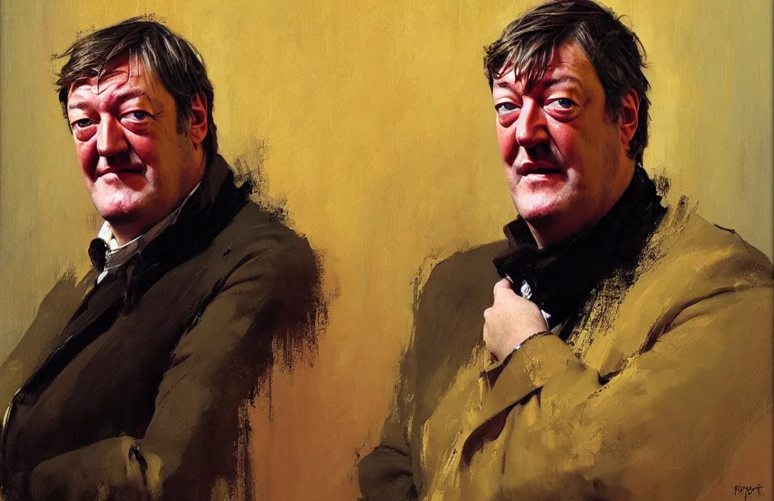 Image similar to portrait of stephen fry!!!!!!!!!!!!!!!!!!!!!!!!!!!, detailed face, detailed painting, epic lighting, by ilya repin, phil hale and kent williams