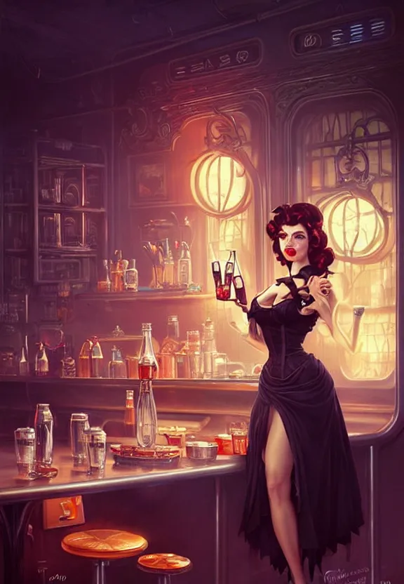 Image similar to Necromancer waitress of a small 50’s style diner serving cold drinks, fantasy magic, dark pin-up style hair, dark light night, intricate, elegant, sharp focus, illustration, highly detailed, digital painting, concept art, matte, art by WLOP and Artgerm and Greg Rutkowski and Alphonse Mucha, masterpiece