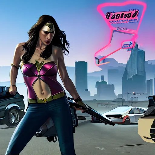 Prompt: gal gadot in gta v, cover art by stephen bliss, artstation, no text