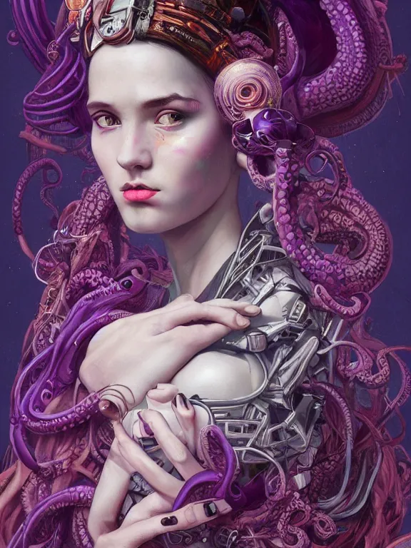 Prompt: art portrait of a girl with purple tentacles on her head,8k,by tristan eaton, Stanley Artgermm,Tom Bagshaw,Greg Rutkowski,Carne Griffiths,trending on DeviantArt,face enhance,hyper detailed,minimalist,cybernetic, ,full of colour