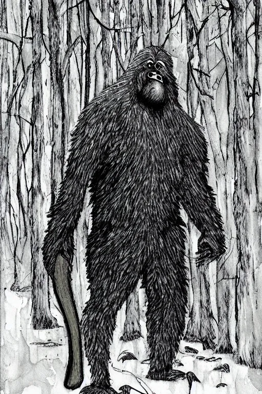 Prompt: happy bigfoot in the woods artwork by ben templesmith