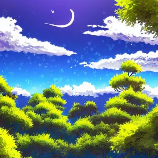 Image similar to beautiful hand-drawn anime landscape in daylight with blue sky