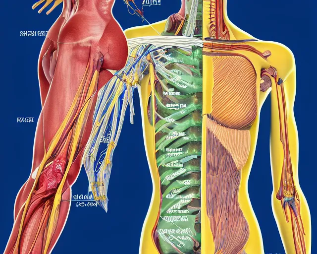 Prompt: female synthetic human, highly detailed labeled medical anatomy poster anatomical drawing, high resolution