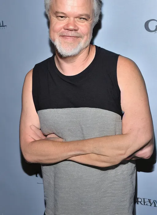 Prompt: tim robbins with a giant beard wearing a white tank top and smiling