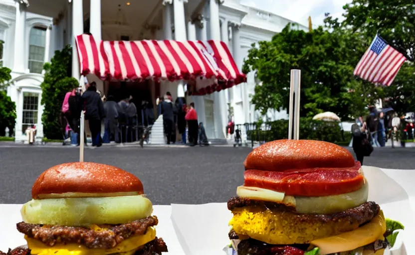 Prompt: a burger, in front of the white house, food photography