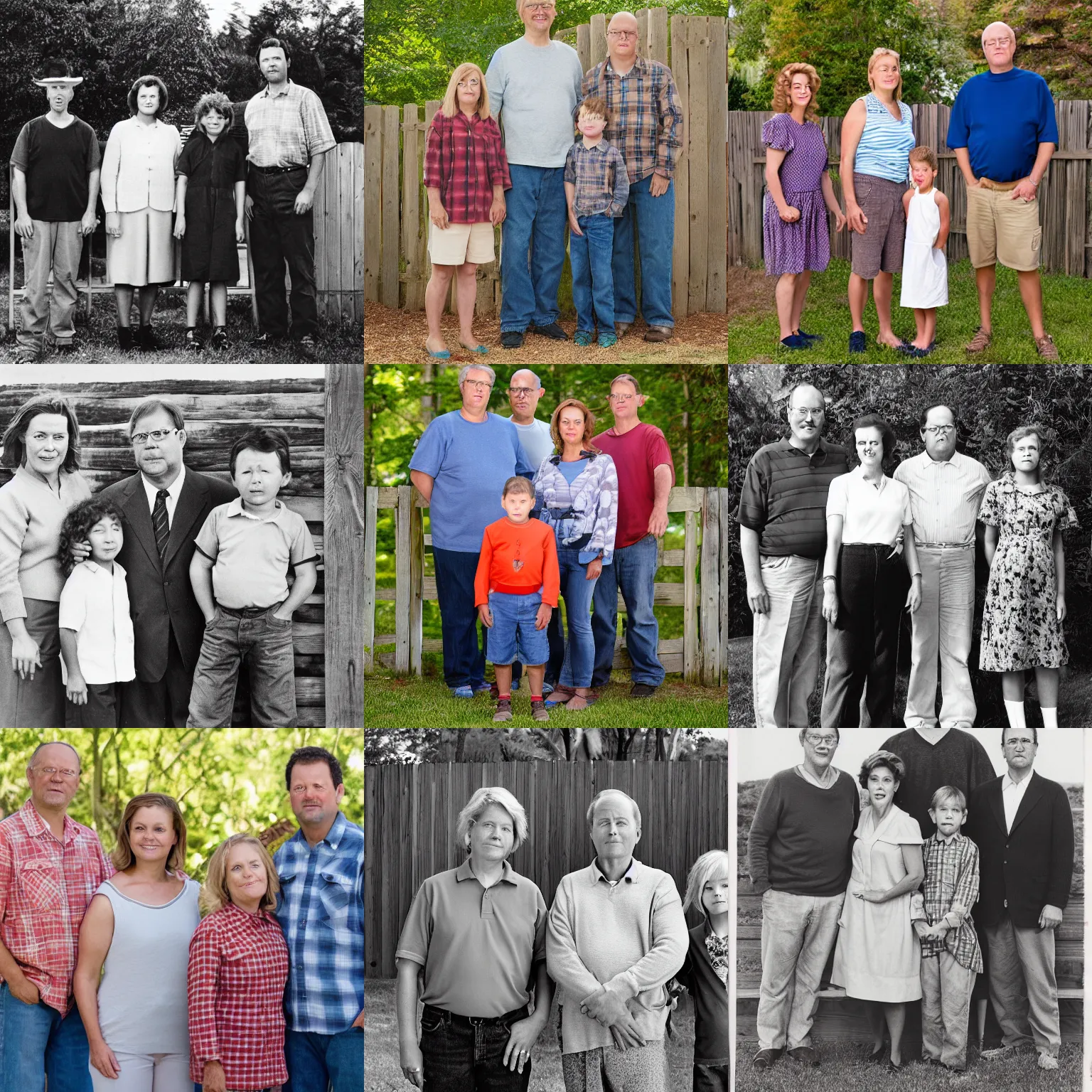 Prompt: portrait of family of three, husband wife and son, king of the hill by mike judge, hill family, hank peggy bobby, standing in front of a wooden fence, neutral expressions, professional family portrait