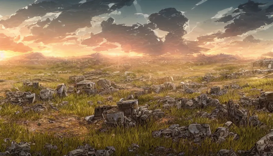 Prompt: the beautiful, chilling, mundane panoramic view of a field after war filled with dead soldier calvary and rocks at dusk. hyperrealistic anime background illustration, borderlands, colorful, extremely detailed intricate linework, smooth, super sharp focus, bright colors, high contrast, matte, octopath traveler, unreal engine 5 highly rendered, global illumination, radiant light