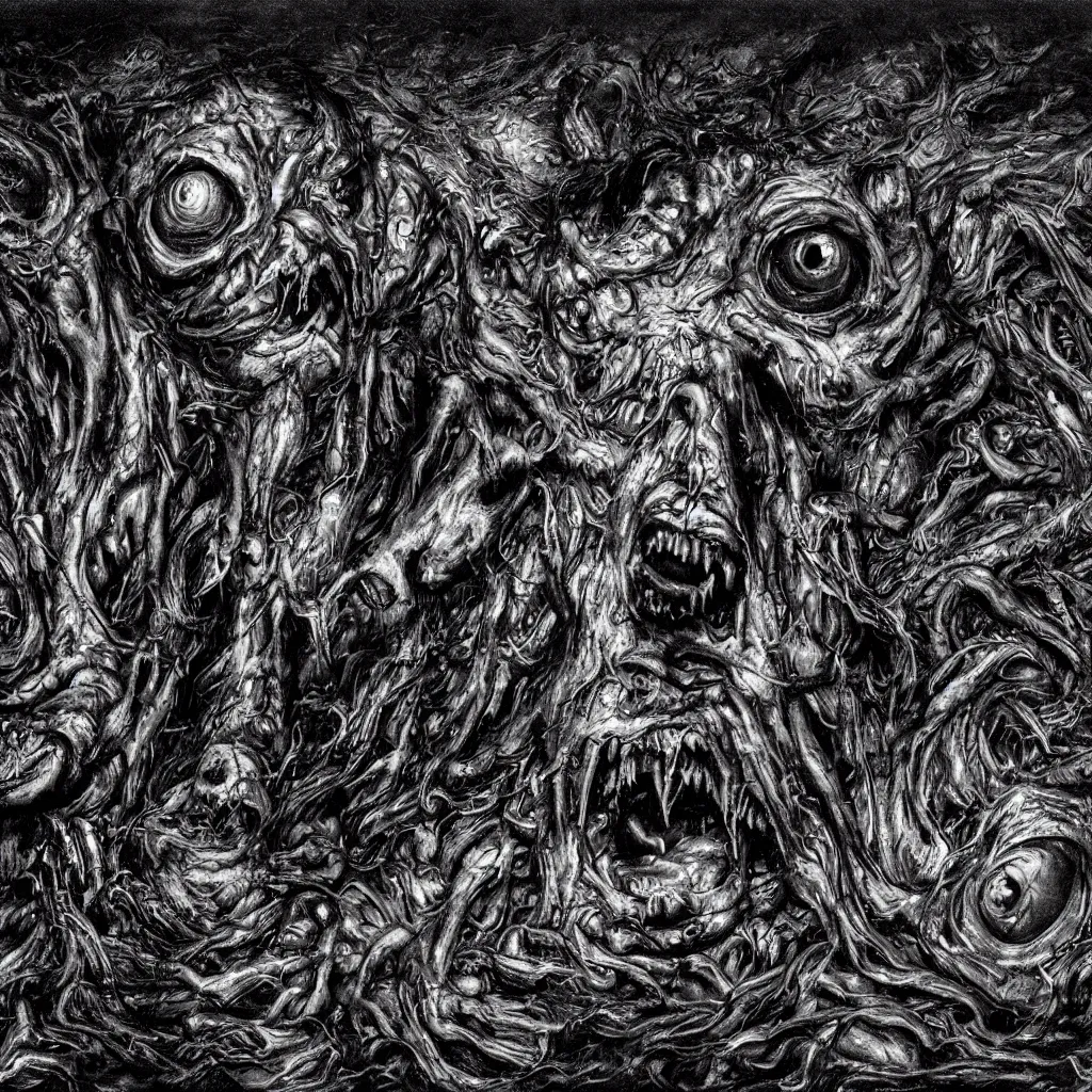 Image similar to a huge monster from dark oily gelatinous substance, with hundreds of faces just below the surface, covered in human eyes, ominous, dark lighting, barely visible from the shadows