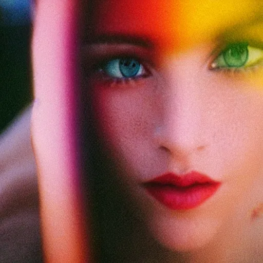 Image similar to Close-up of a gorgeous woman’s face looking at the camera, confident, holding a mirror creating refractions of colors everywhere, captured in low light and soft focus, cinestill 800t