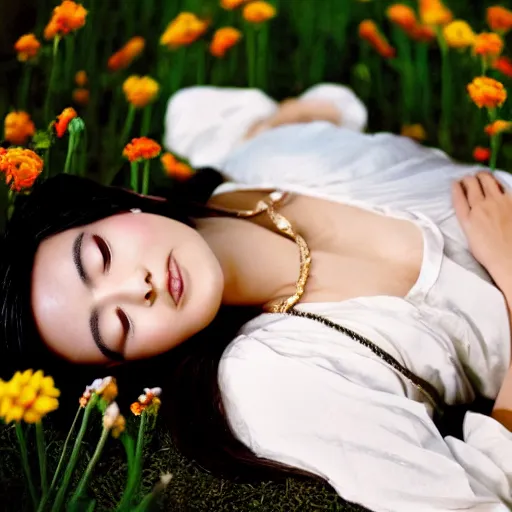 Prompt: photo full shot of beautiful Japanese women with perfect eyes and simetrical face, laying down in flowers, shot by Akira Kurosawa perfect cinematic light, 8k
