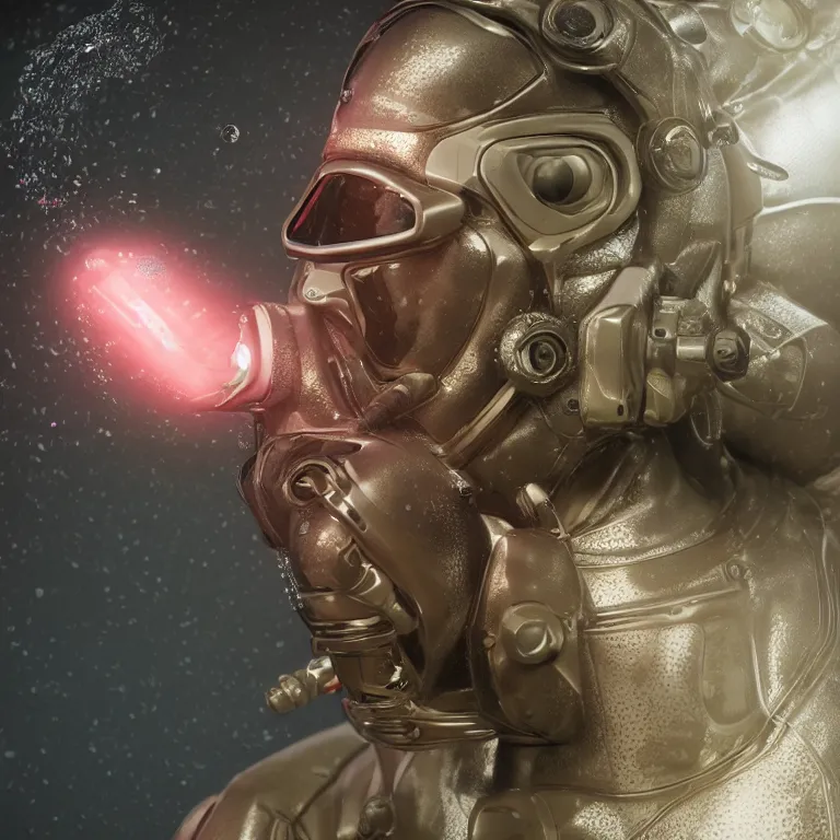 Prompt: octane render portrait by wayne barlow and carlo crivelli and glenn fabry, subject is a shiny reflective tactical futuristic android scuba diver with small lights inside helmet, surrounded by bubbles inside an exotic alien coral reef aquarium full of exotic fish, cinema 4 d, ray traced lighting, very short depth of field, bokeh