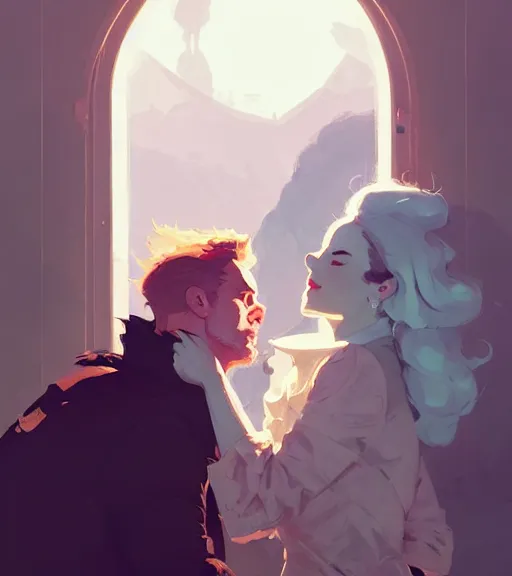 Prompt: portrait of cullen kissing clementina by atey ghailan, by greg rutkowski, by greg tocchini, by james gilleard, by joe fenton, by kaethe butcher, dynamic lighting, gradient light blue, brown, blonde cream and white color scheme, grunge aesthetic