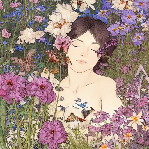 Prompt: a beautiful intricate watercolor illustration of a calico cat sleeping in the flower garden, butterflies, watering can, 4 k, ultra - wide angle, by william turner, by victo ngai, by alphonse mucha, by miho hirano, by moebius, hd, trending on artstation, hyper detailed, muted intense colors