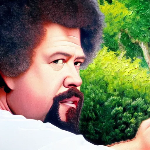 Prompt: a closeup photorealistic photograph of bob ross painting an image of kenny powers pitching a baseball on a canvas. mountains and trees. film still. brightly lit scene. this 4 k hd image is trending on artstation, featured on behance, well - rendered, extra crisp, features intricate detail, epic composition and the style of unreal engine.