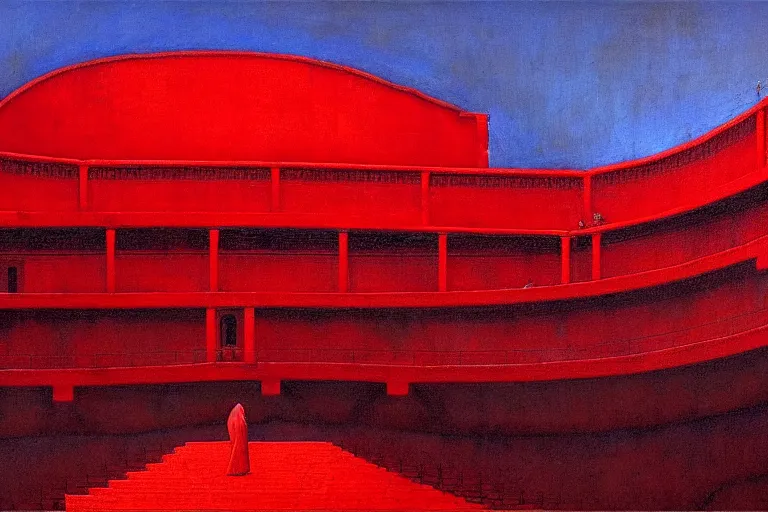 Image similar to only with red, a red great emperor, taormina amphitheatre, crowd with big smile, in the style of beksinski, parts by edward hopper, parts by rodcenko, parts by yue minjun, intricate and epic composition, red by caravaggio, insanely quality, highly detailed, masterpiece, red light, artstation, 4 k