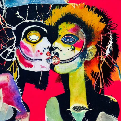 Prompt: watercolor painting of two bizarre psychedelic punk women kissing each other closeup in a space station in japan, speculative evolution, mixed media collage by basquiat and jackson pollock, maximalist magazine collage art, sapphic art, lesbian art, chemically damaged