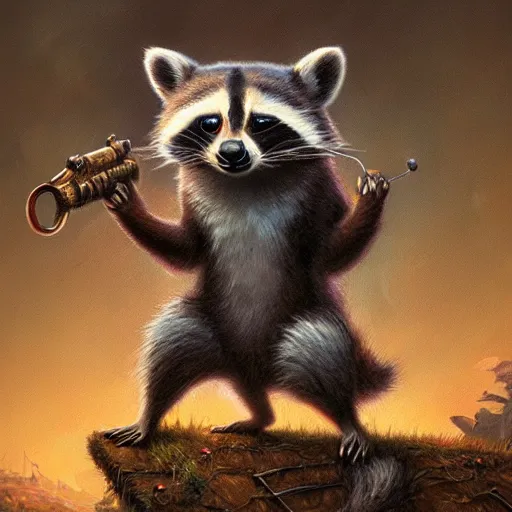 Prompt: a whimsical raccoon wearing midevil clothing by Justin Gerard