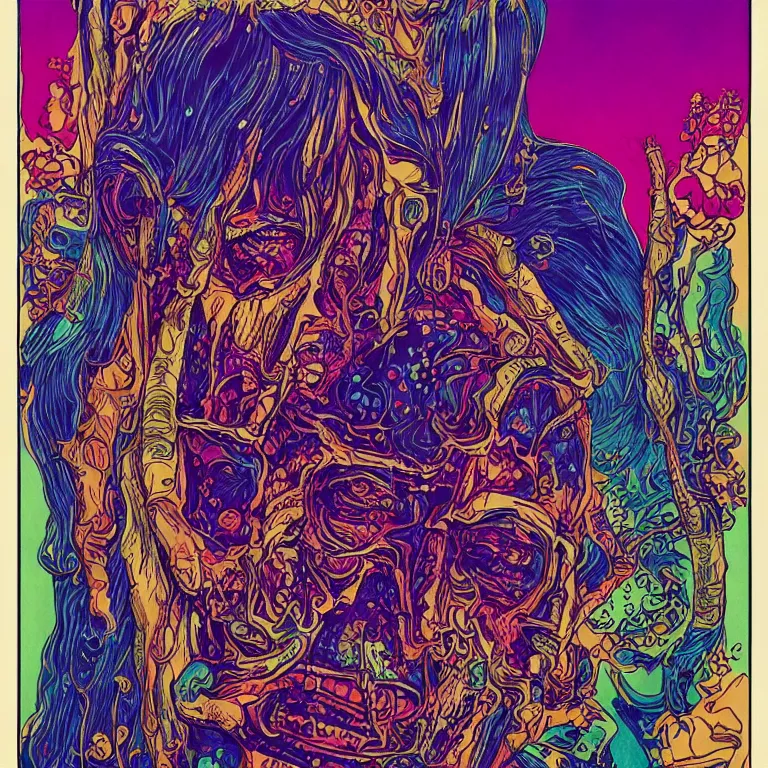 Prompt: beautiful colorful hyperrealist highly detailed psychedelic music poster'zombie paul giamatti ', psychedelic art nouveau, beautiful high contrast colored wood engraving, moebius comic style, shocking detail trending on artstation 8 k