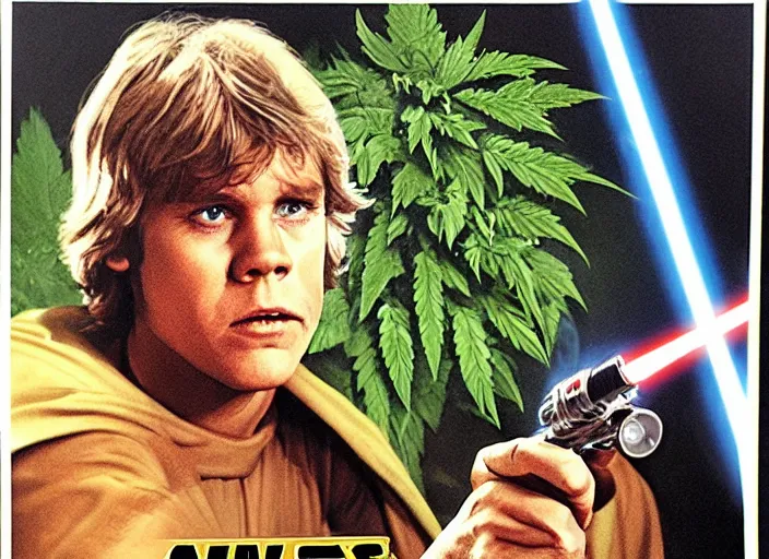 Image similar to vintage 1 9 7 7 star wars episode iv a new hope movie poster, of luke skywalker with bloodshot eyes smoking a huge blunt, surrounded by cannabis plants