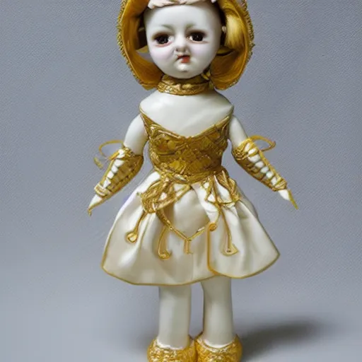 Prompt: ball-jointed doll, porcelain with golden intricate details, dark background