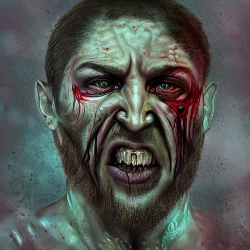 Image similar to ramzan kadyrov became bloody ugly lovecraftian degenerate abomination, photo - realistic, color image, 2 k, highly detailed, bodyhorror, occult art