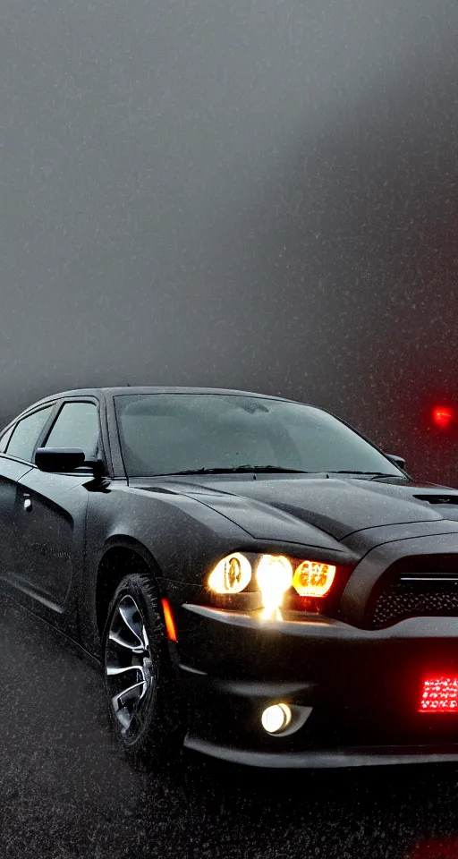 Prompt: far away photograph of the back lights of a 2 0 1 1 dodge charger driving down a highway in the rain, dark, gothic, lovecraftian, hyperrealistic, 4 k, highly detailed,
