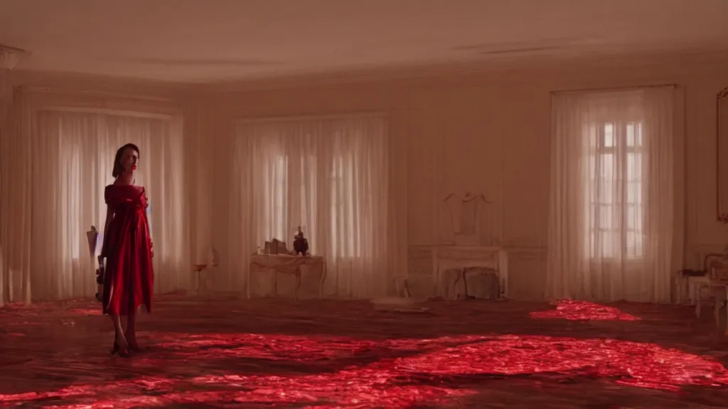 Image similar to a woman made of rubies stands in the living room, film still from the movie directed by Denis Villeneuve with art direction, wide lens, 4K, realistic