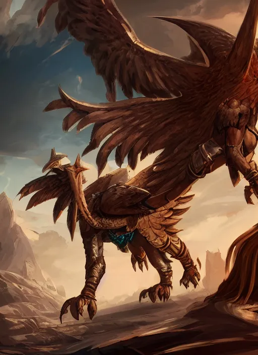 Prompt: winged beast of ancient egypt concept art, digital illustration, trending on artstation, epic composition, scenic background, 8 k uhd, masterpiece, league of legends splash art, highly detailed, perfect lineart