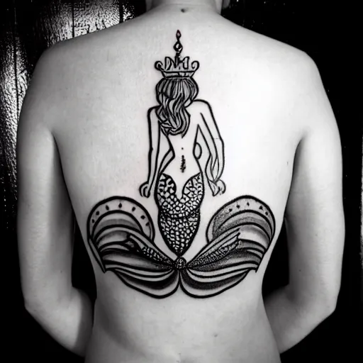 Prompt: a peaceful meditative mermaid with a banner across her chest wearing a crown, full body, symmetrical, highly detailed black and white new school pinup tattoo design
