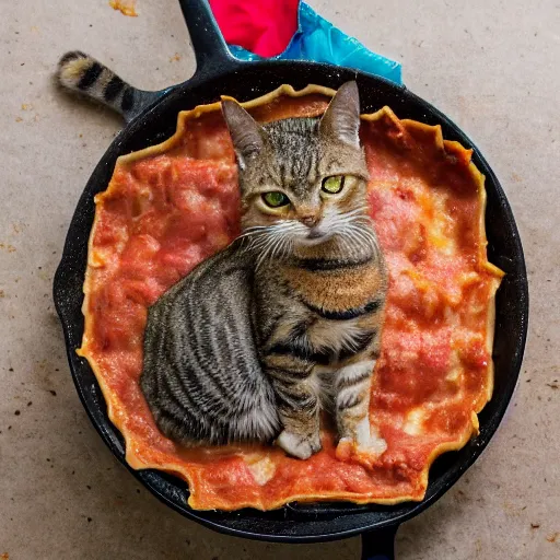 Image similar to tabby cat standing in lasagna, messy, photo, detailed, 4k