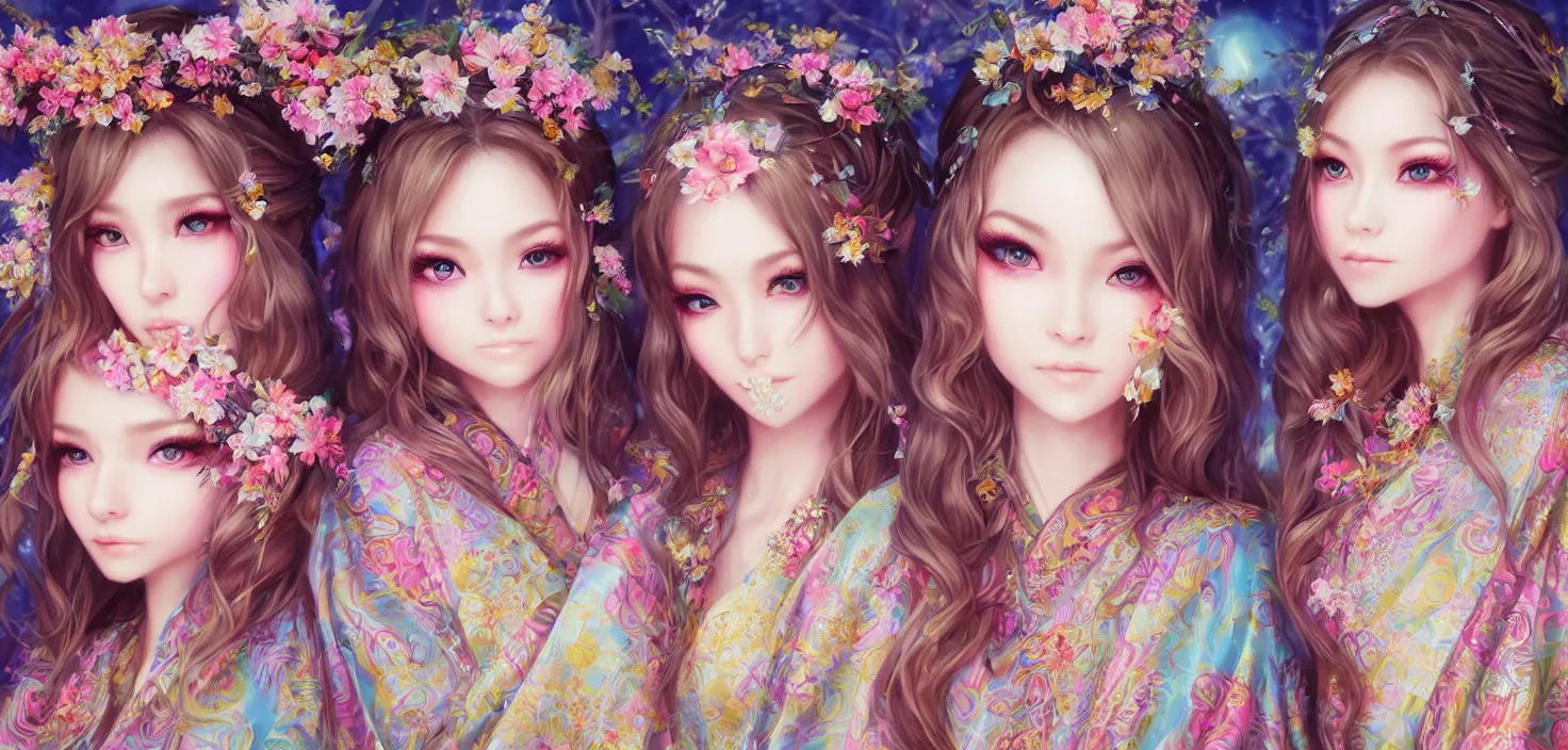 Image similar to two beautiful fashion siberian girls wear fantasy kimono in festival | | big eyes, sunny, dreamlike art, realistic shaded, smile, good looking, hyper details, 4 k realistic, cryengine, realistic shaded lighting poster by artgerm, ross tran, fuji choko, loish, 8 k resolution, trending on artstation, luxury