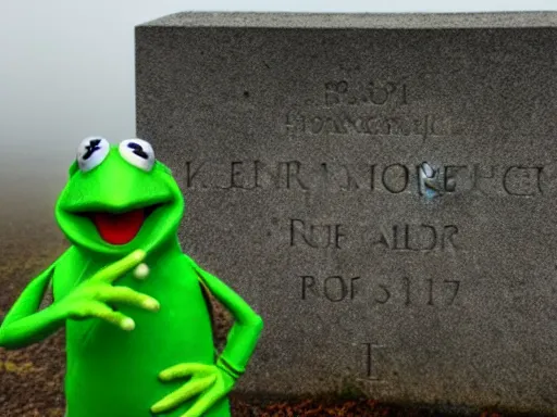 Prompt: A marble memorial statue of Kermit the frog at the graveyard, foggy day