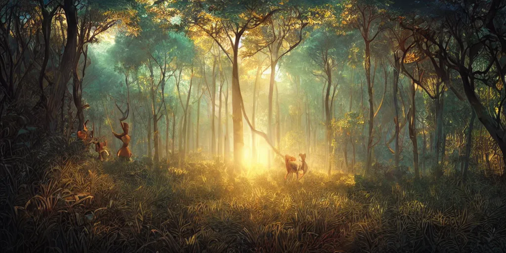 Image similar to Geometric Malagasy fairytale forest, sun in the background, intricate, elegant, highly detailed, digital painting, artstation, concept art, smooth, sharp focus, illustration, art by artgerm