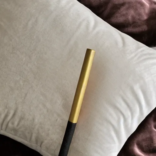 Prompt: the most mysterious magic wand laying on a velvet pillow